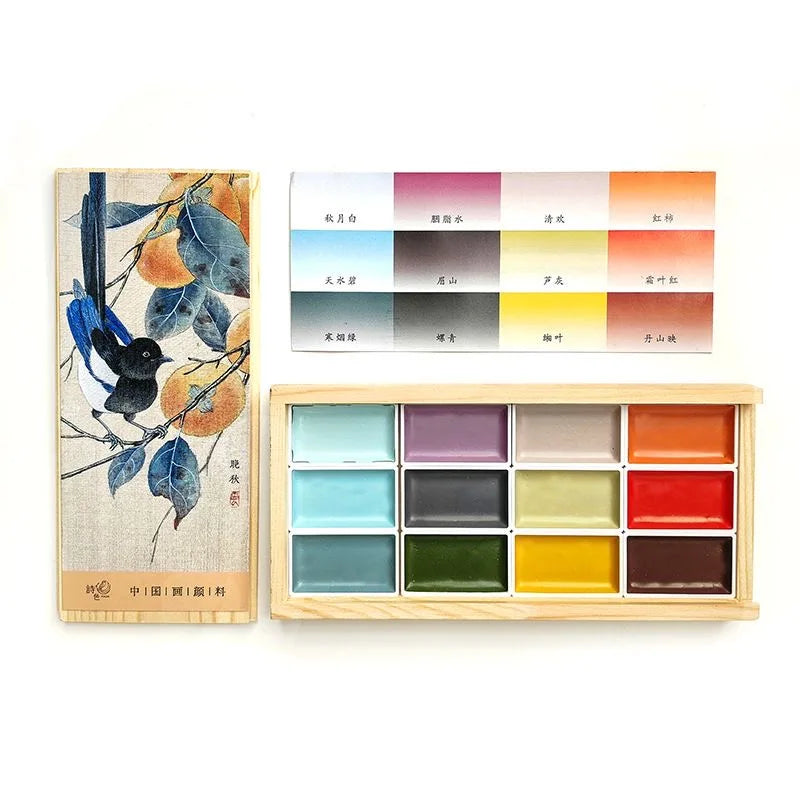palette peinture aquarelle multicolore compartiments traditionnelle boite bois artiste illustration oiseaux