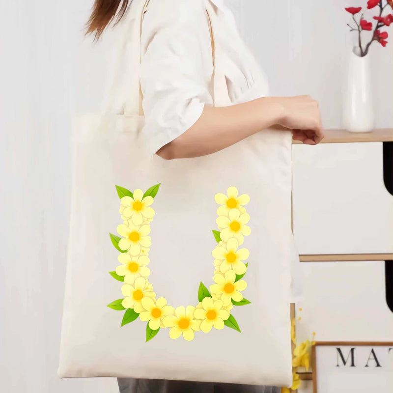 sac main toile beige imprimé floral jaune feuilles respectueux environnement poignées amovibles tridimensionnel multi