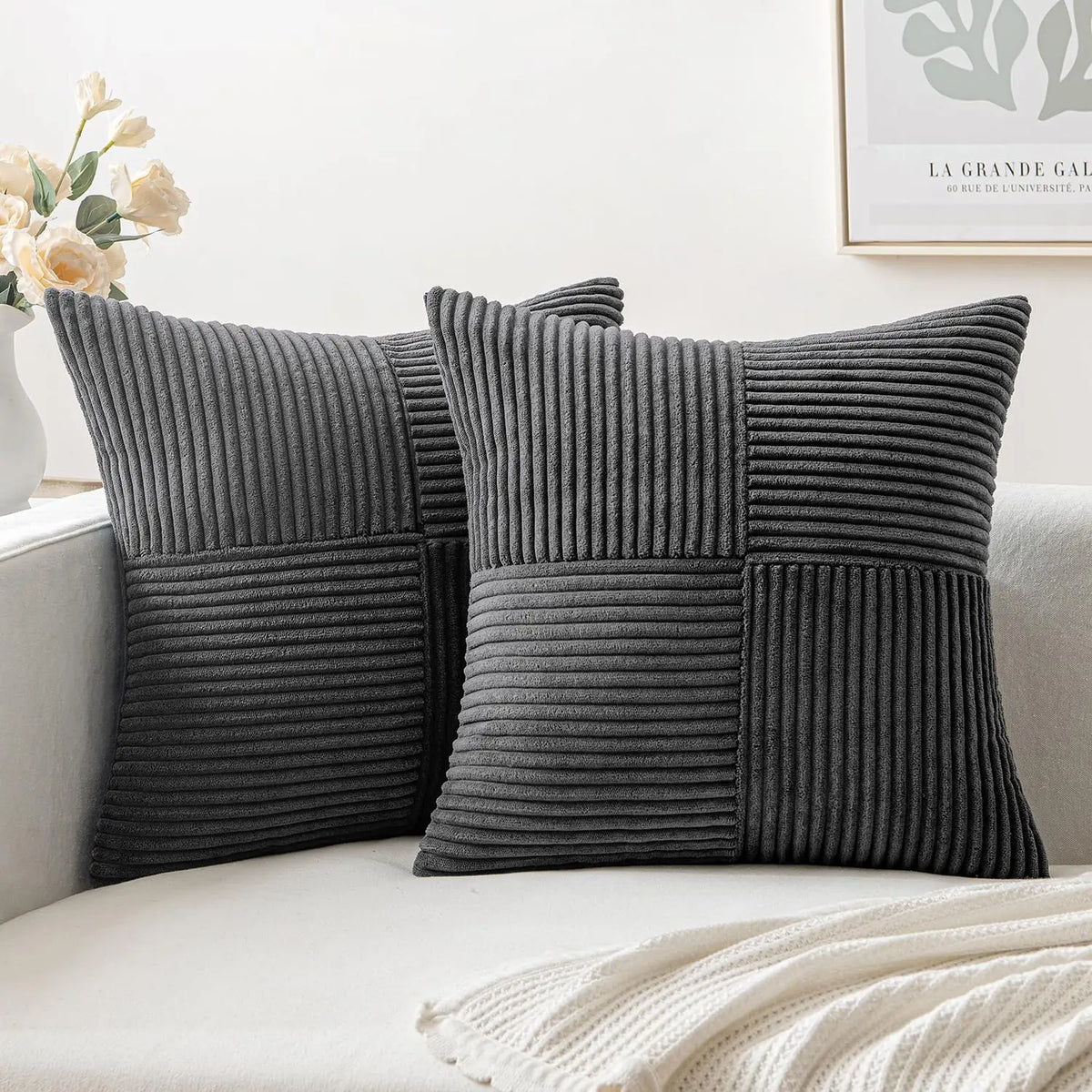 housses coussin polyester coton rayures moderne noir zip lit