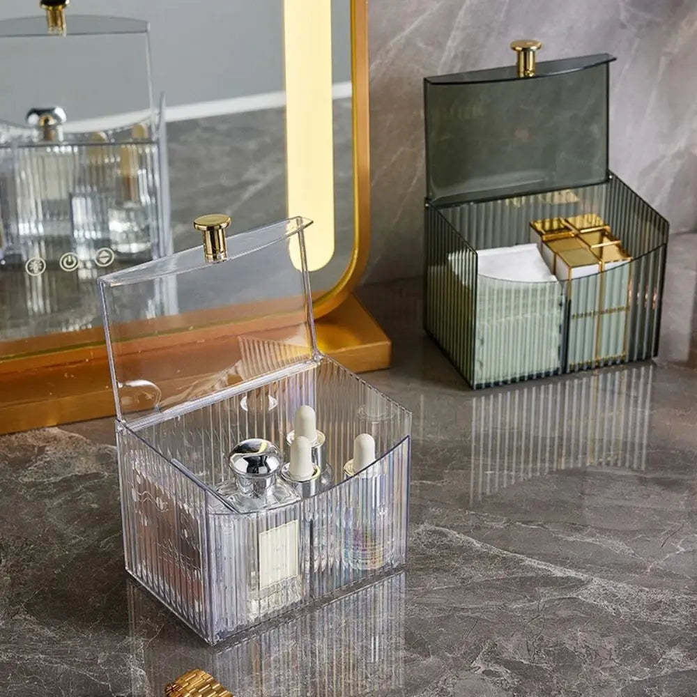 boîtes rangement transparentes vertes rayées moderne coton tiges flacons soins élastique doré Brosse cheveuxANTI
