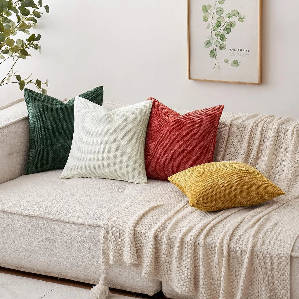 housse coussin chenille vert foncé moderne carré décoratif lit sofa tissage polyester artisanal haute