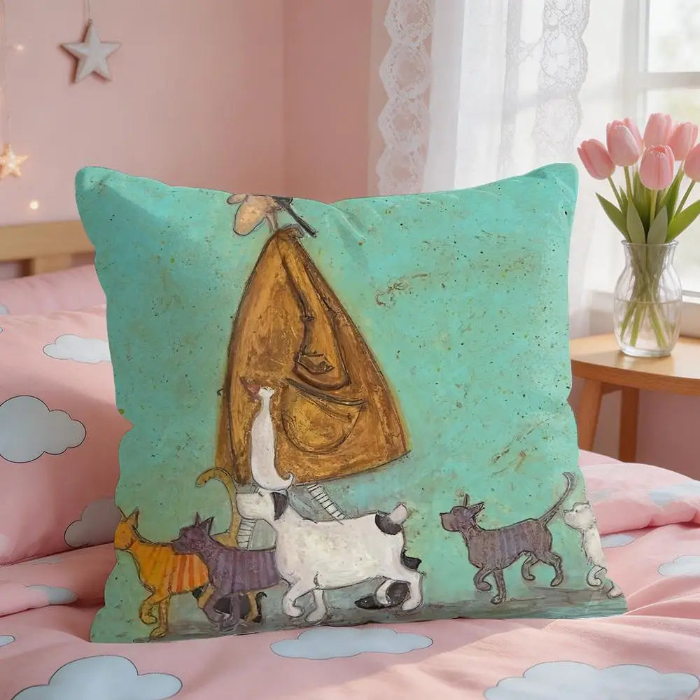 housse coussin carrée motif sorcière oiseaux cartoon polyester bleu clair gris vert zip 30x30cm