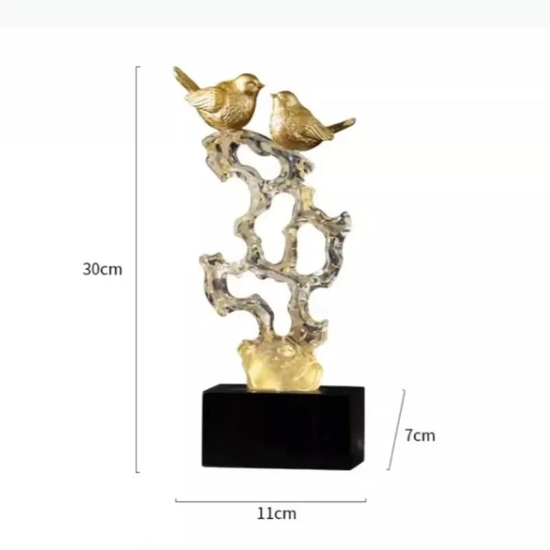 ornement oiseau résine transparent or maison moderne sculpture décoration deux oiseaux stylisés perchés structure