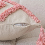 coussin carré moderne brodé géométrique rose boho chic franges adhésif zip 45x45cm