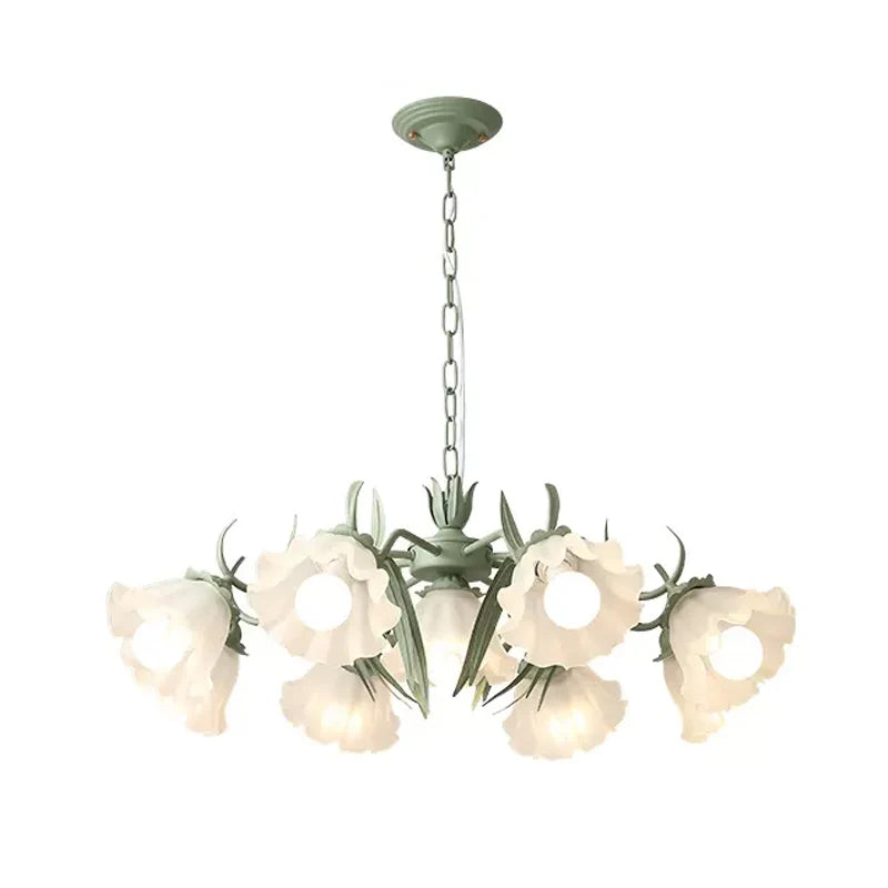 lampe suspendue moderne fleurs vert blanc abat jour verre dépoli led salon chambre