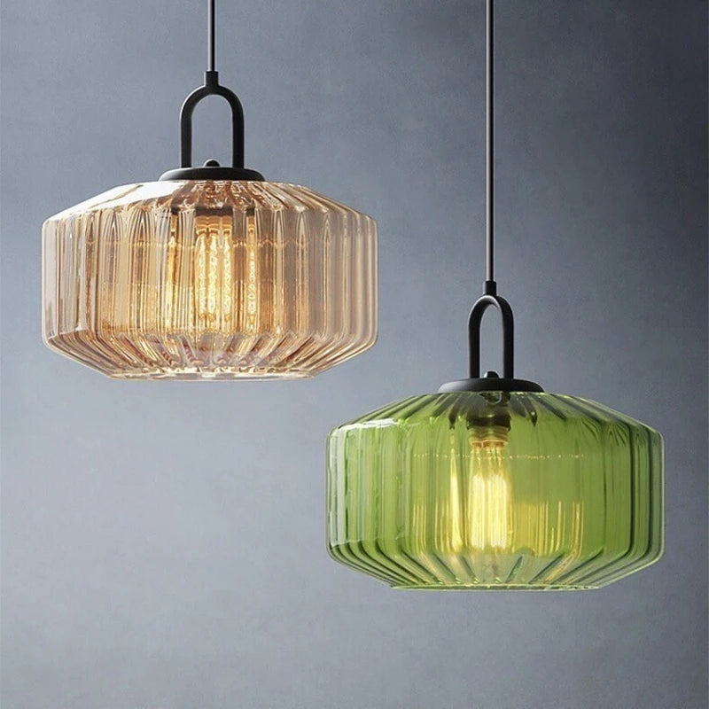 lampe suspendue moderne vert rose beige rayures horizontales opacité salon restaurant chambrehôtel