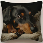 housse coussin carré dachshund imprimé polyester fermeture éclair noir marron beigeintérieur blanc deco intérieure