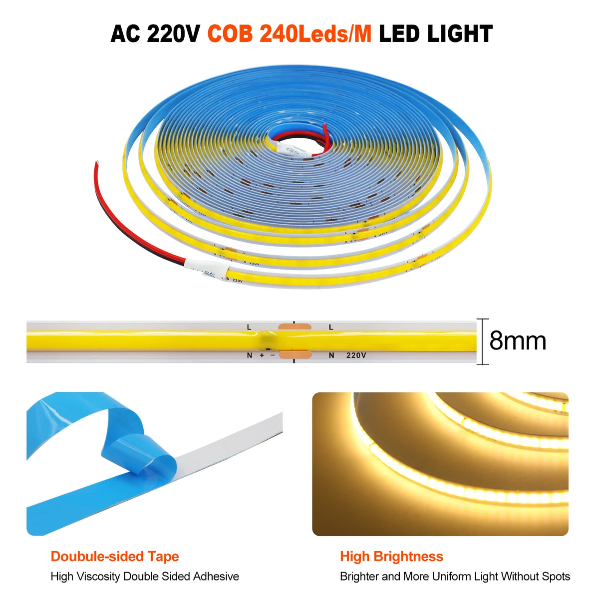 ruban led cob jaune bleu 3000k 4000k 6000k 240leds adhésif moderne chambre