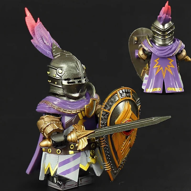 figurine chevalier armure ornée motifs floraux épée bouclier violet doré bleu fantaisie médiévale