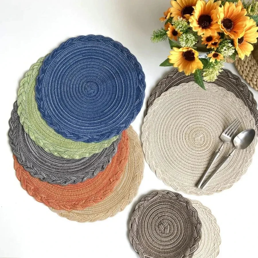 tapis table rond lin tressé motif géométrique moderne décoration cuisine manger rustique