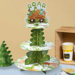 supports cupcakes dinosaures palmiers happy birthday assiettes gobelets sacs cadeaux vert orange blanc enfants
