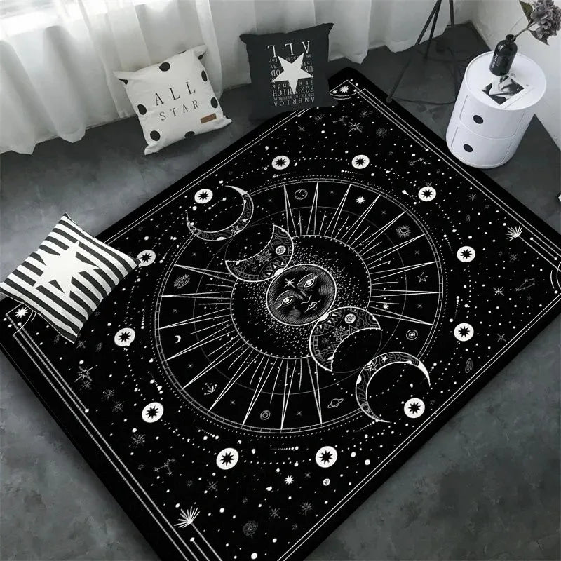 tapis sol mystique noir blanc motif lune étoile décor gothique salon chambre maison