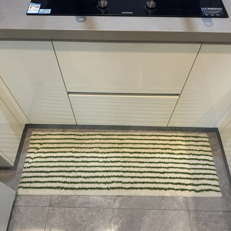 tapis salle bain blanc vert moderne antidérapant coton rayures absorbant doux
