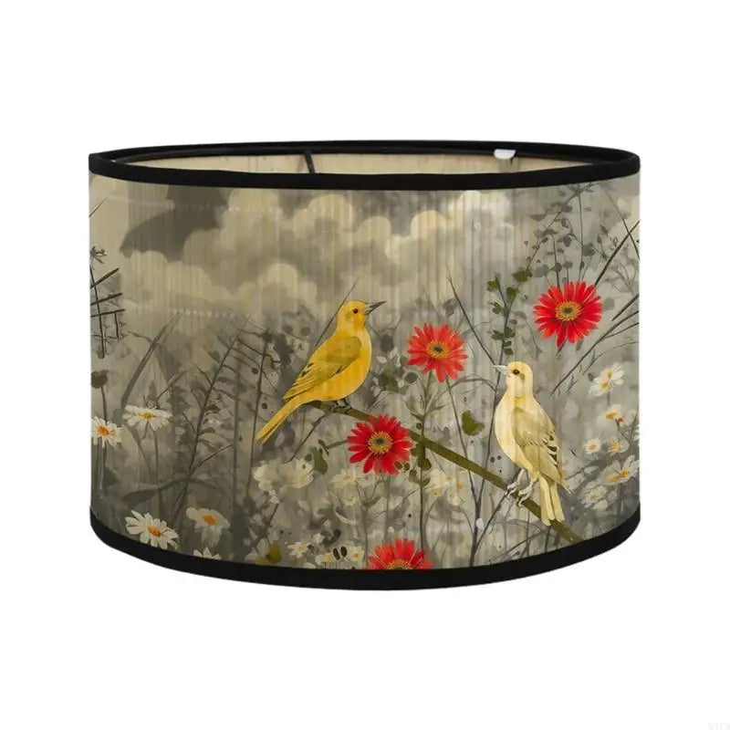 abat jour artisanal oiseaux fleurs branches beige noir jaune rose vert boucle métallique