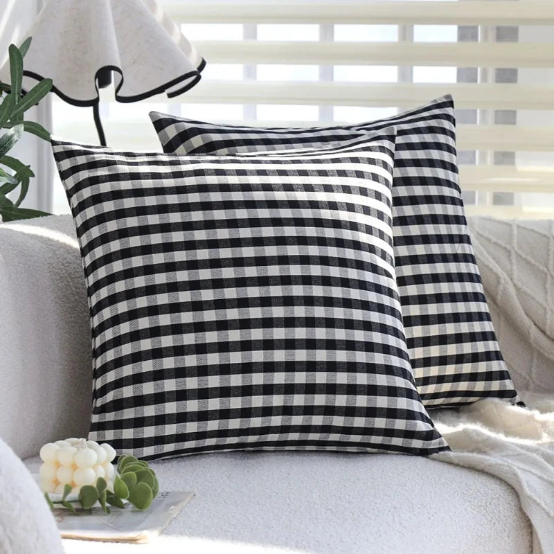 taies d'oreiller plaid rayures horizontales noir blanc 45x45cm farmhouse opaques zippées incluses maison hospitalière