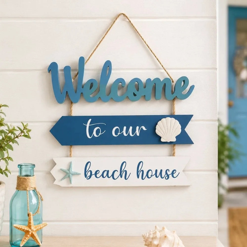panneau decoratif mural bleu blanc motifs marins coquillage baleine corde fixée plage océan thème