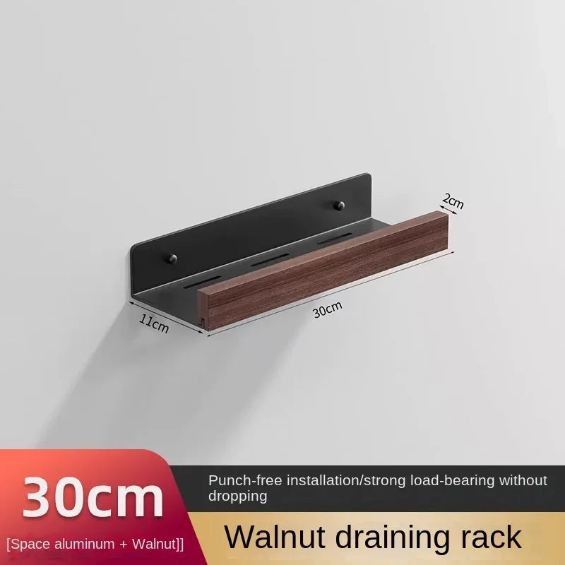 étagère murale bois noir moderne double niveau salle bain fixations vis support rangement