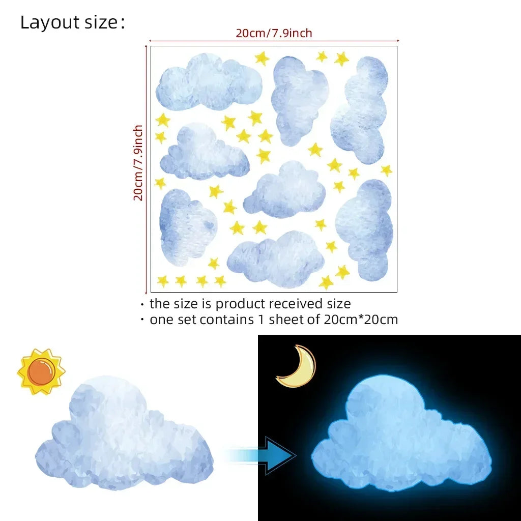sticker mural nuages étoiles phosphorescent rose bleu vert adhésif chambre enfant moderne