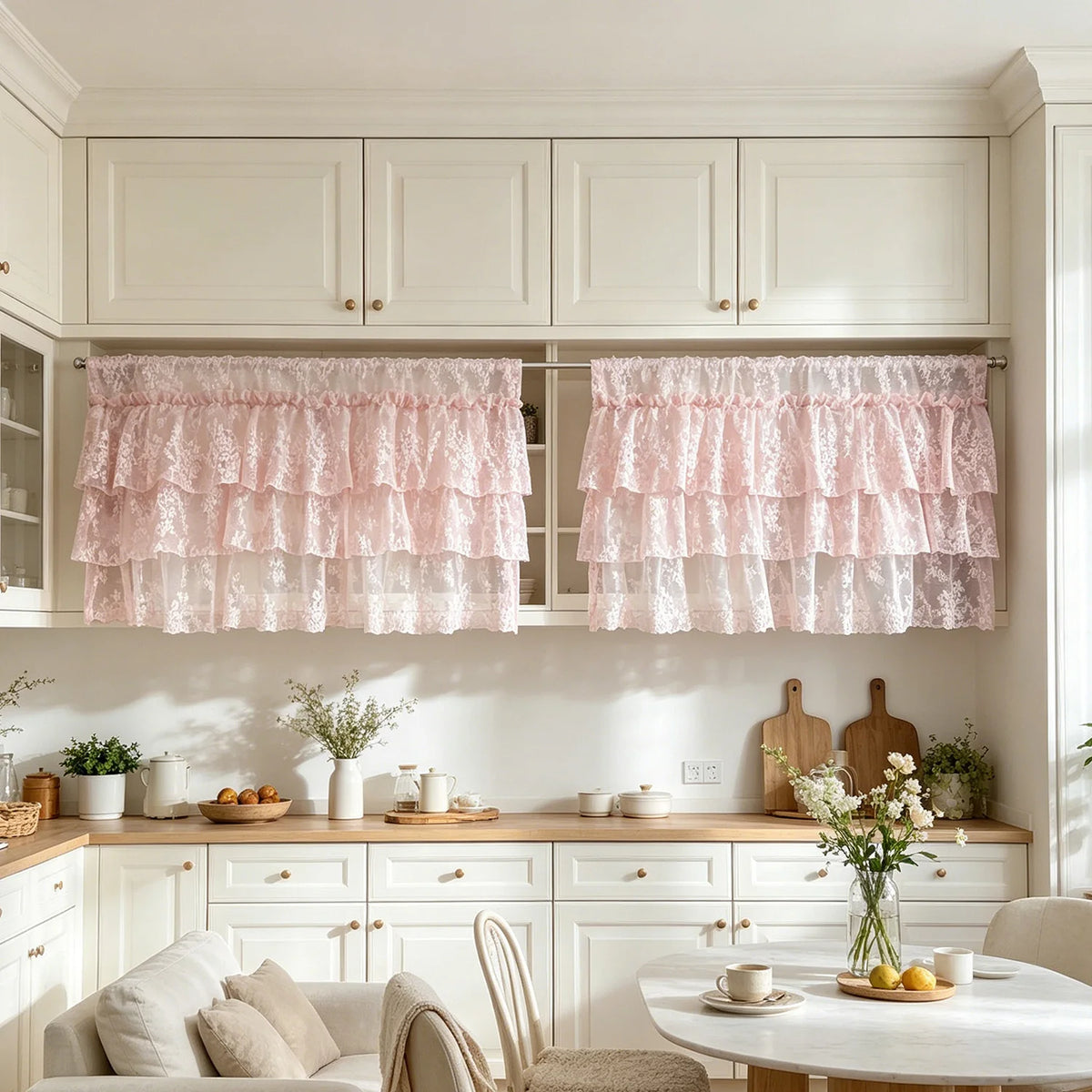 rideau rose floral dentelle volants court shabby chic cottagecore romantique translucide chambre