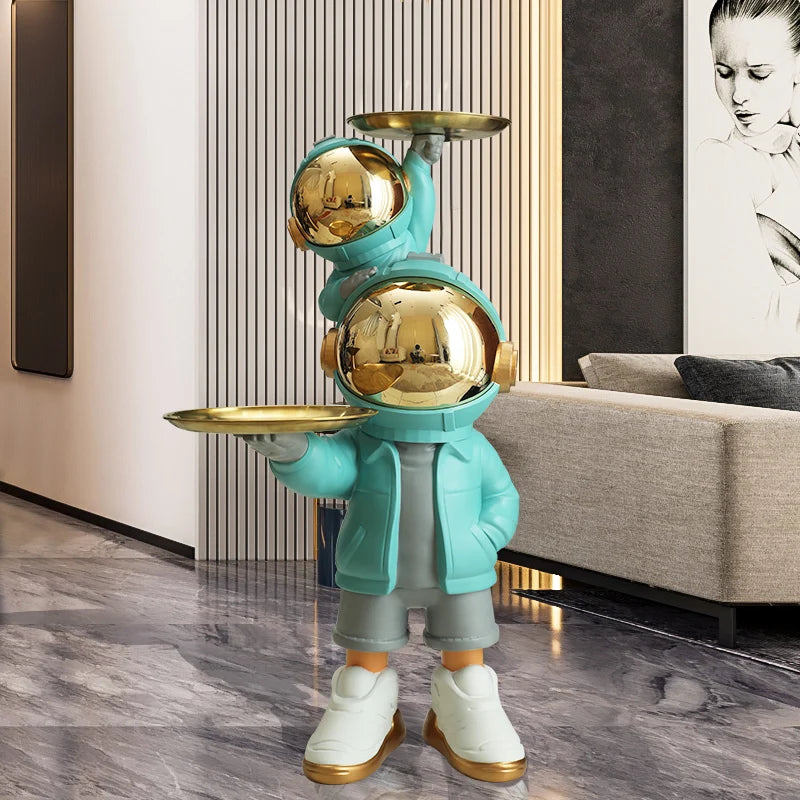 statue astronaute décoration moderne argentée turquoise gris doré art collection maison