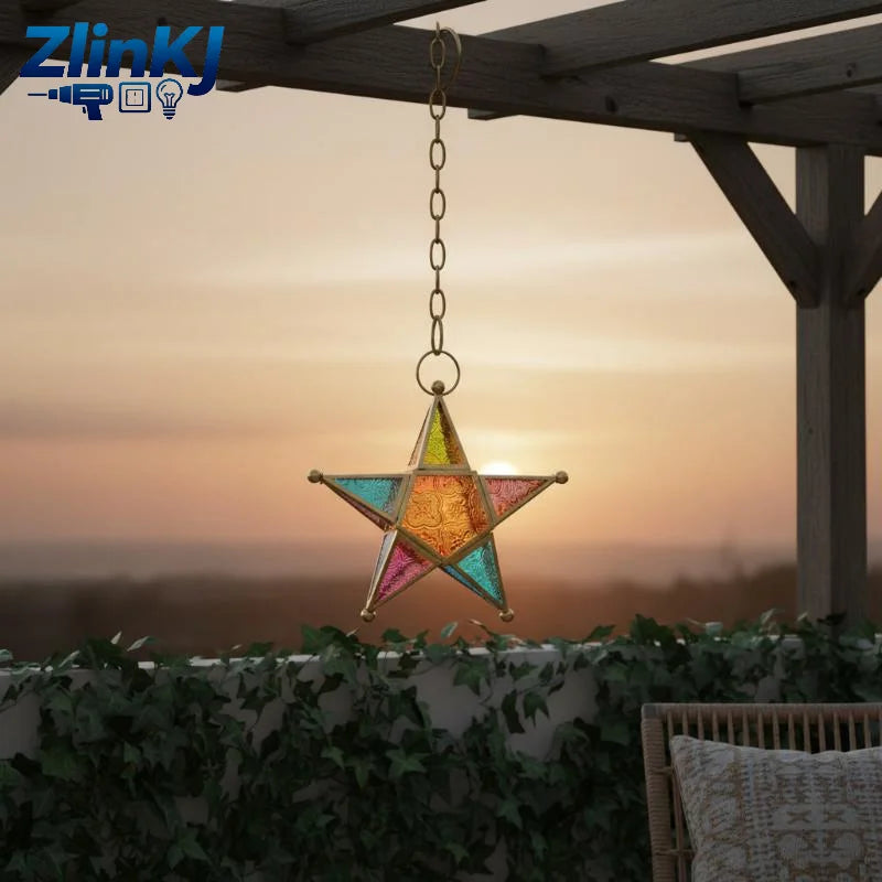 lampe étoile multicolore verre coloré motifs géométriques artisanal vintage chainette métallique decoration interieur exterior