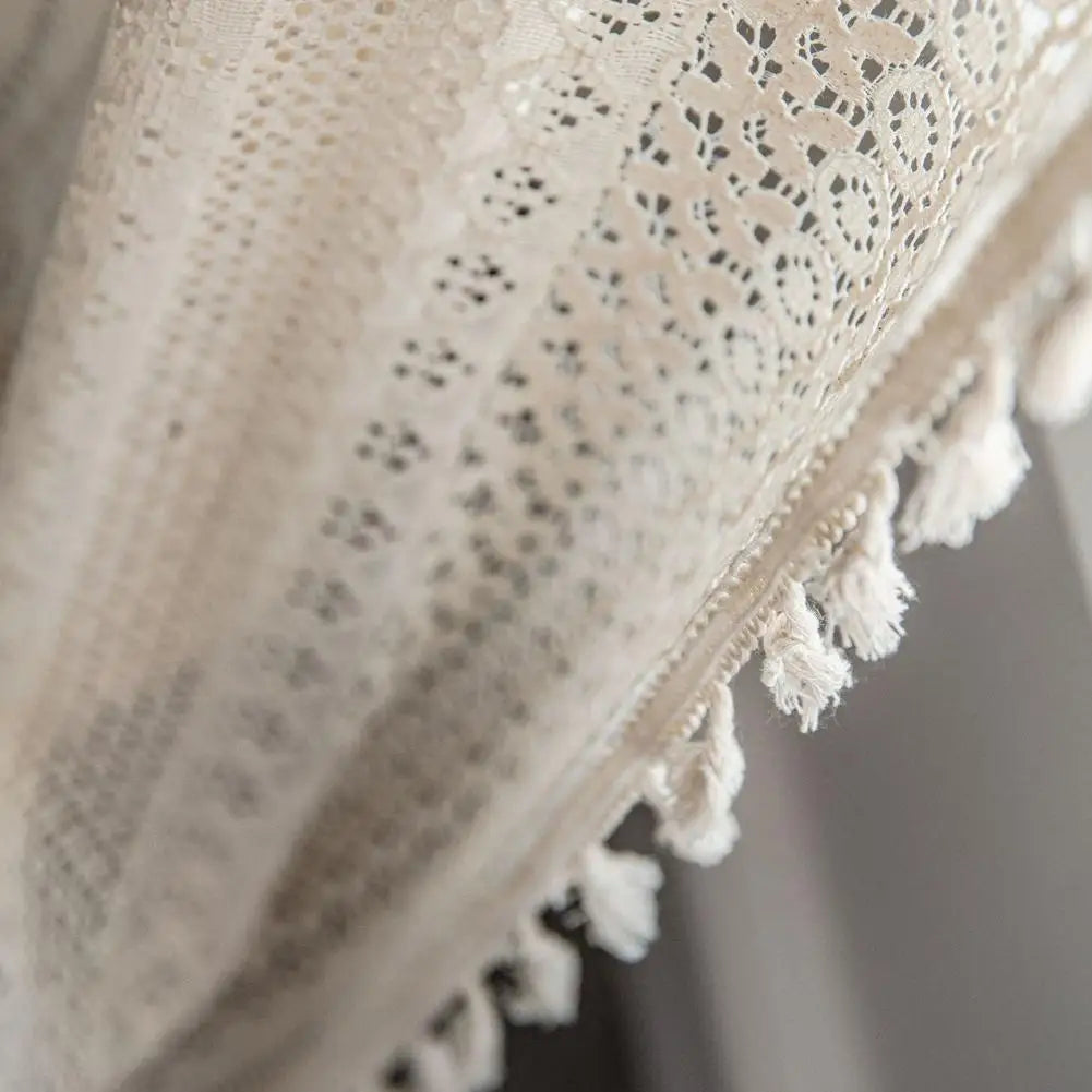rideau boho chic crocheté motifs géométriques beige translucide pompons 150x100cm 150x160cm 150x200cm 150x240cm