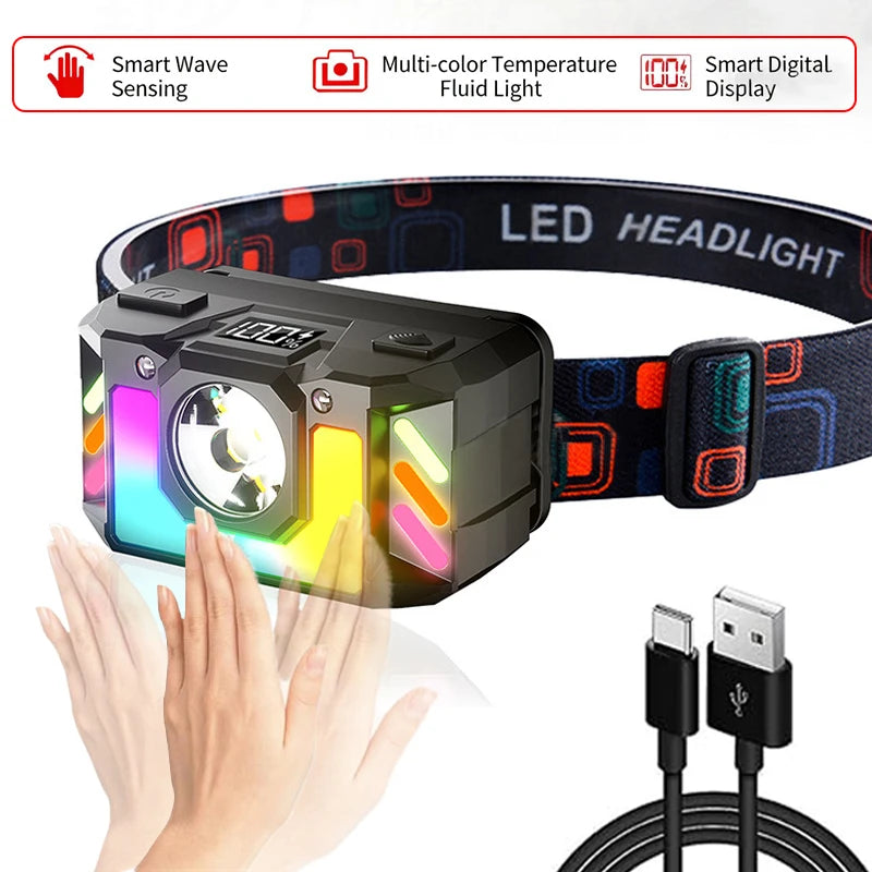 lampe frontale led rechargeable écran batterie couleurs multiples modes lumière stroboscopique