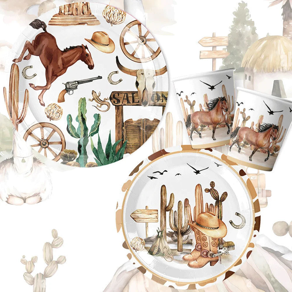 assiettes western verres serviettes nappe happy birthday chevaux cactus bottes motifs festives anniversaire noel