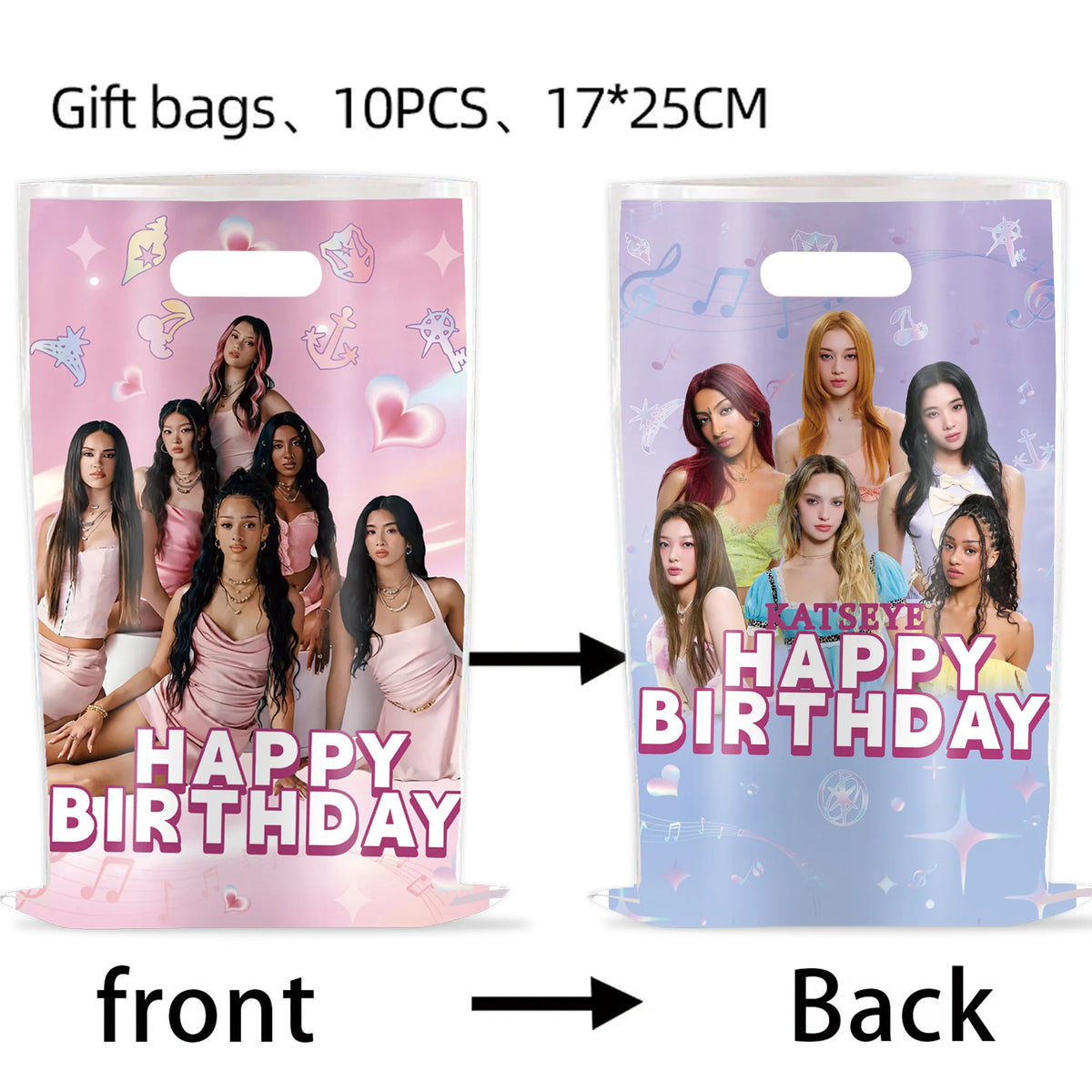 sacs cadeaux anniversaire rose violet blanc poignées coeurs étoiles happy birthday katsey moderne festif