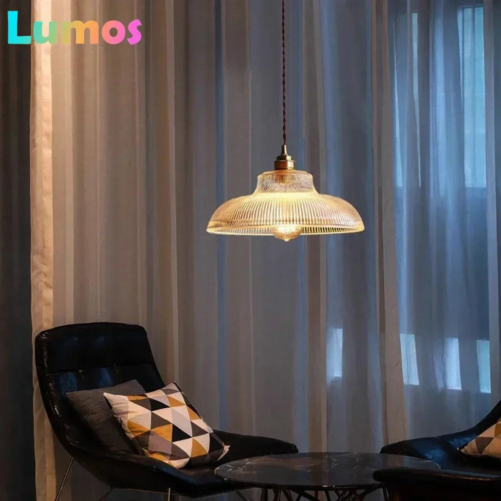 lampe suspendue vintage rétro dorée transparente rayures horizontales câble torsadé ampoule inclusion