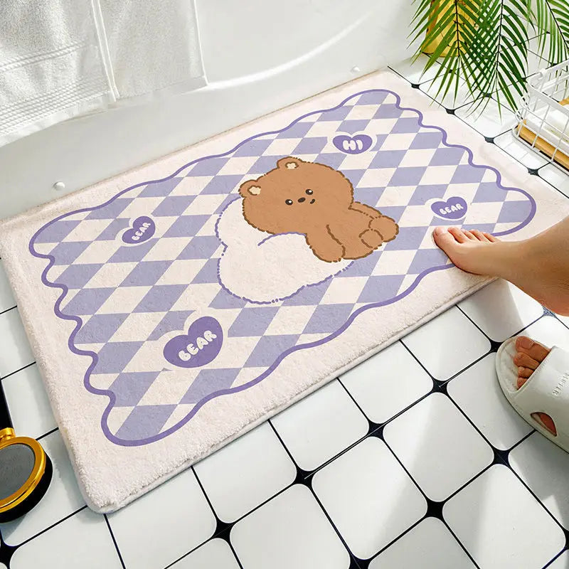 tapis sol antidérapant ours mignon carreaux géométriques rose pâle cartoon mignon adhésif protecteur polyester