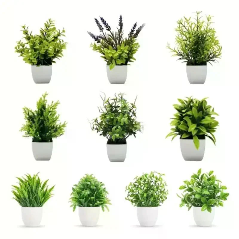 plantes artificielles feuilles vertes fleurs violettes pot blanc minimaliste décoration intérieure sans entretien