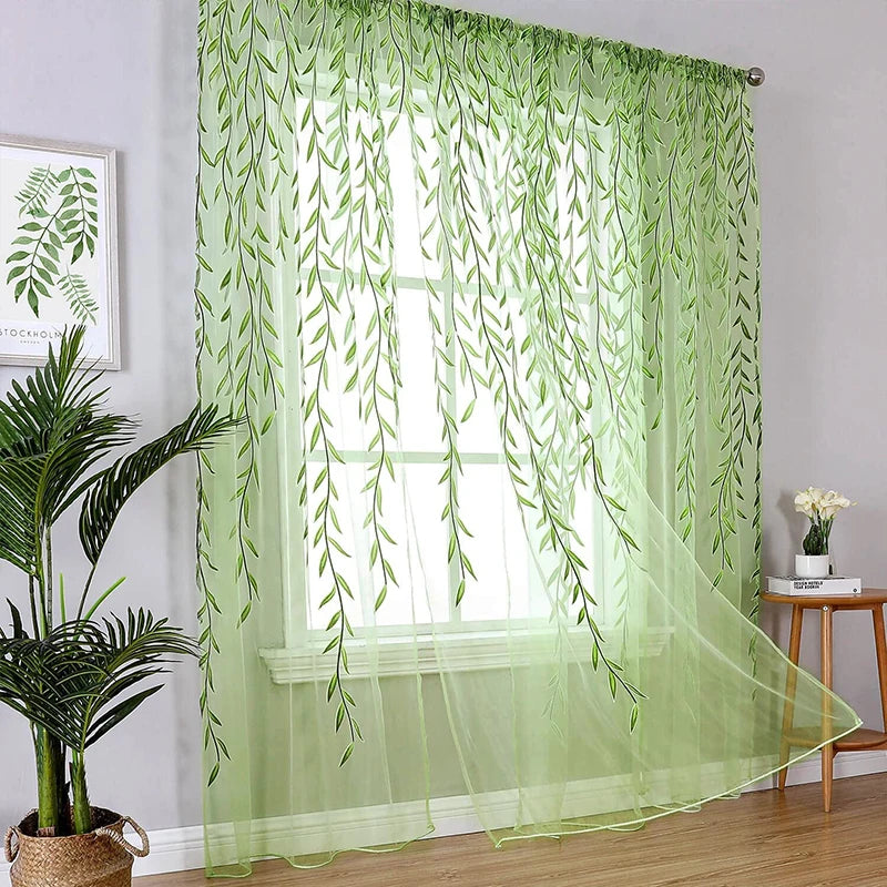rideaux transparents motifs feuilles verte rose beige salon champêtre bohème poche tringle polyester