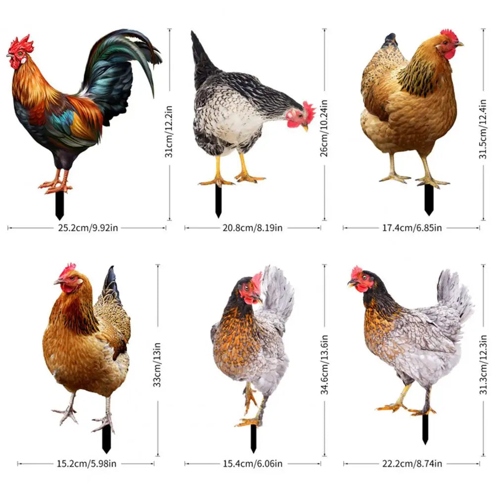 figurines poules gris marron noir blanches plumes yeux becs pattes réalistes extérieur tringle