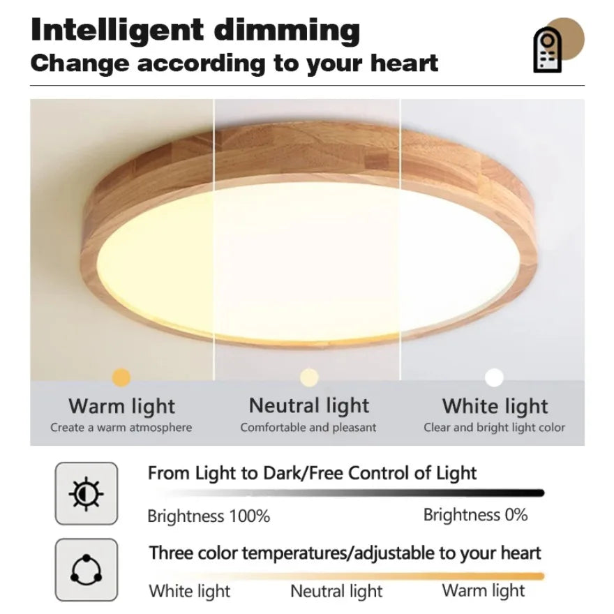 lampe bois naturel grain fin moderne pmma led 6000k 3000k télécommande