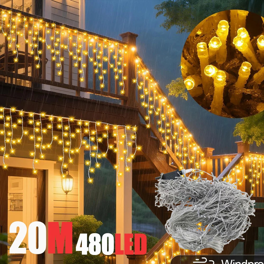 guirlande lumineuse led 20m 480 diodes blanc multicolore motifs gouttes ip44 waterproof modes clips