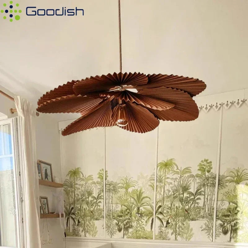 Suspension lumineuse moderne feuilles plissées marron clair salon chambre papier pliable éclairage blanc chaleur