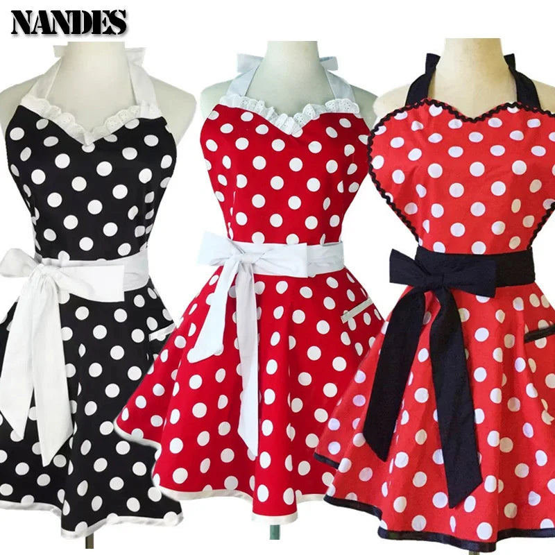 tablier cuisine rétro coton pois noir blanc poches liens vintage femmes