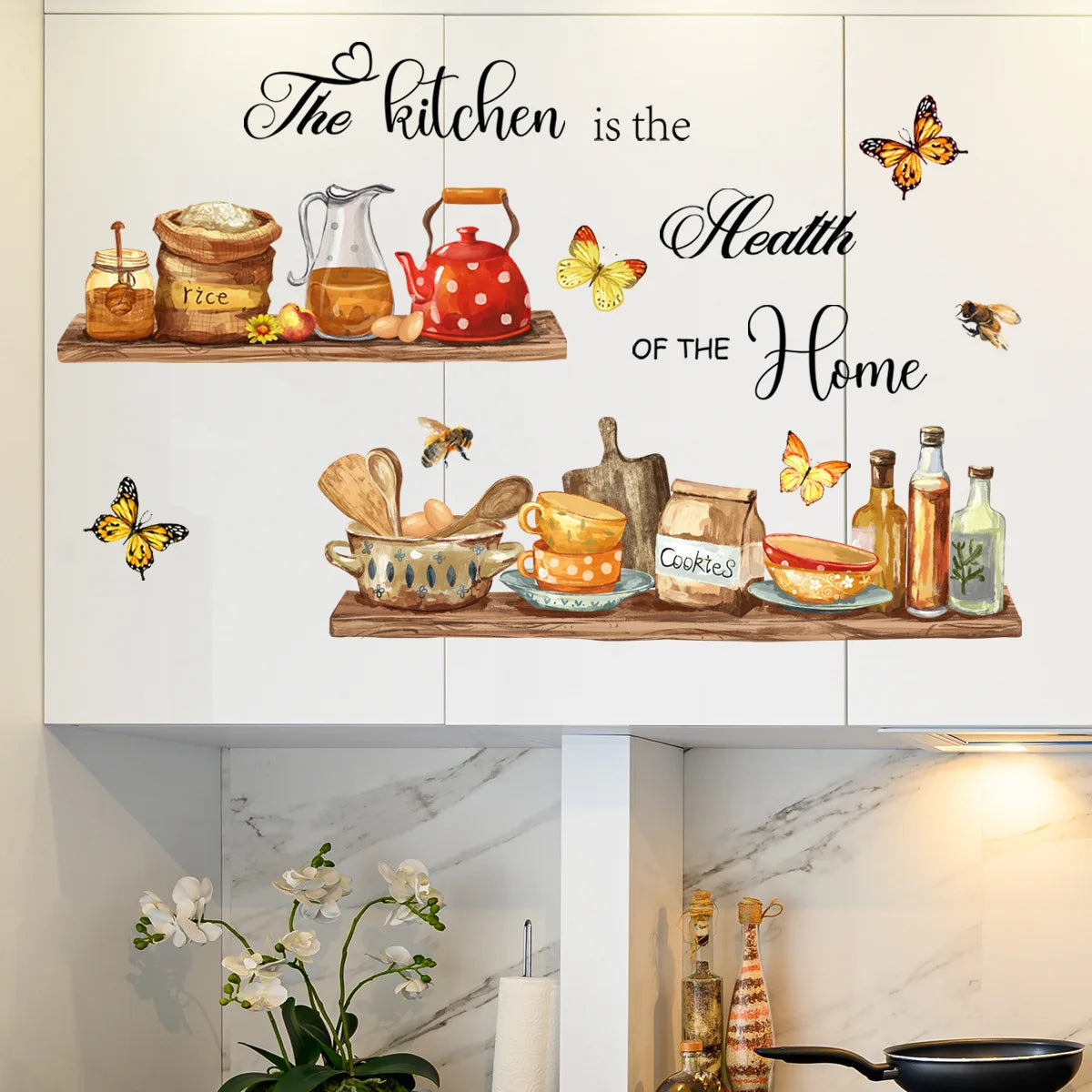 sticker mural cuisine multicolore ustensiles aliments papillons adhésif illustration réaliste maison