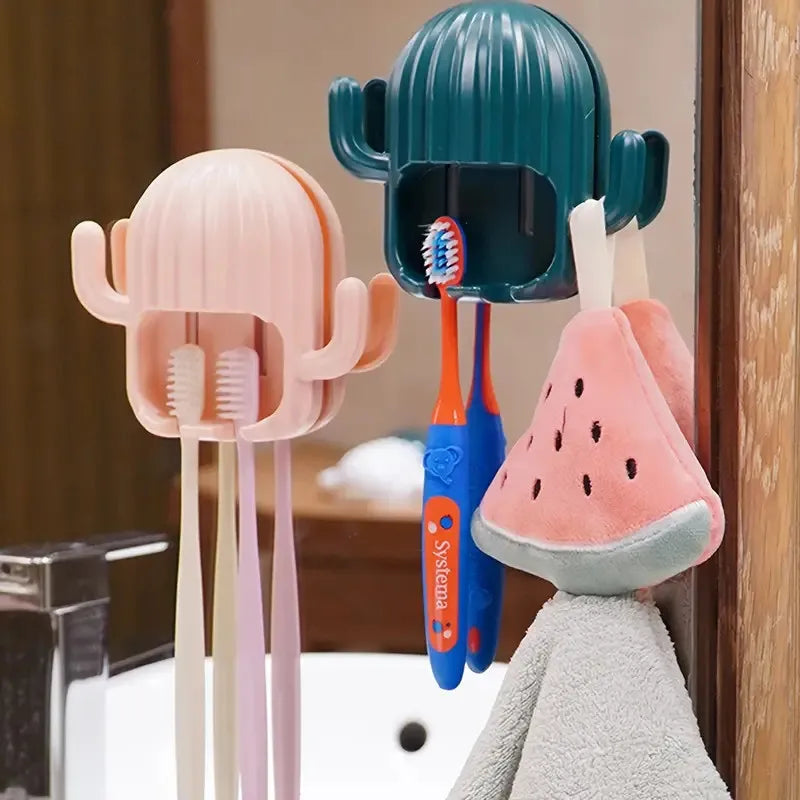 Porte-brosse à dents mural rose avec brosses à dents rangées