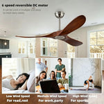 ventilateur moderne bois finition marron lames bois massif télécommande inclusion poteaux métalliques 52pouces