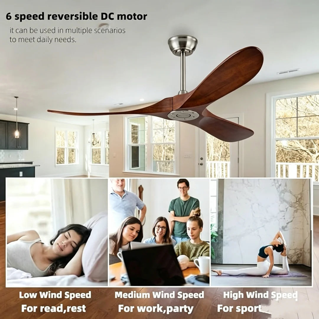 ventilateur moderne bois finition marron lames bois massif télécommande inclusion poteaux métalliques 52pouces