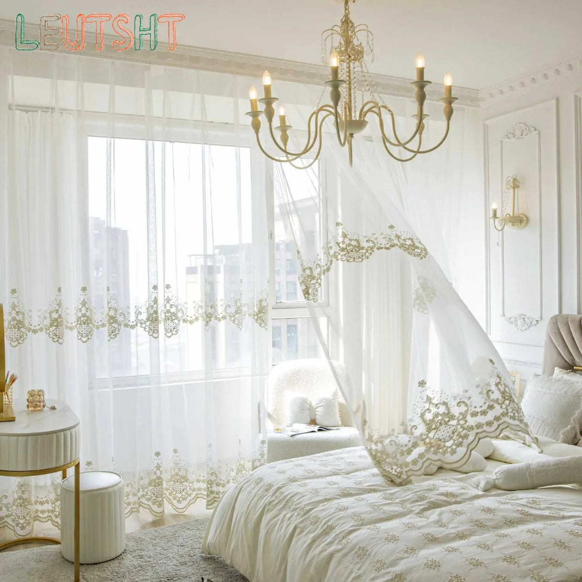 rideau blanc brodé transparent classique chambre salon polyester moderne