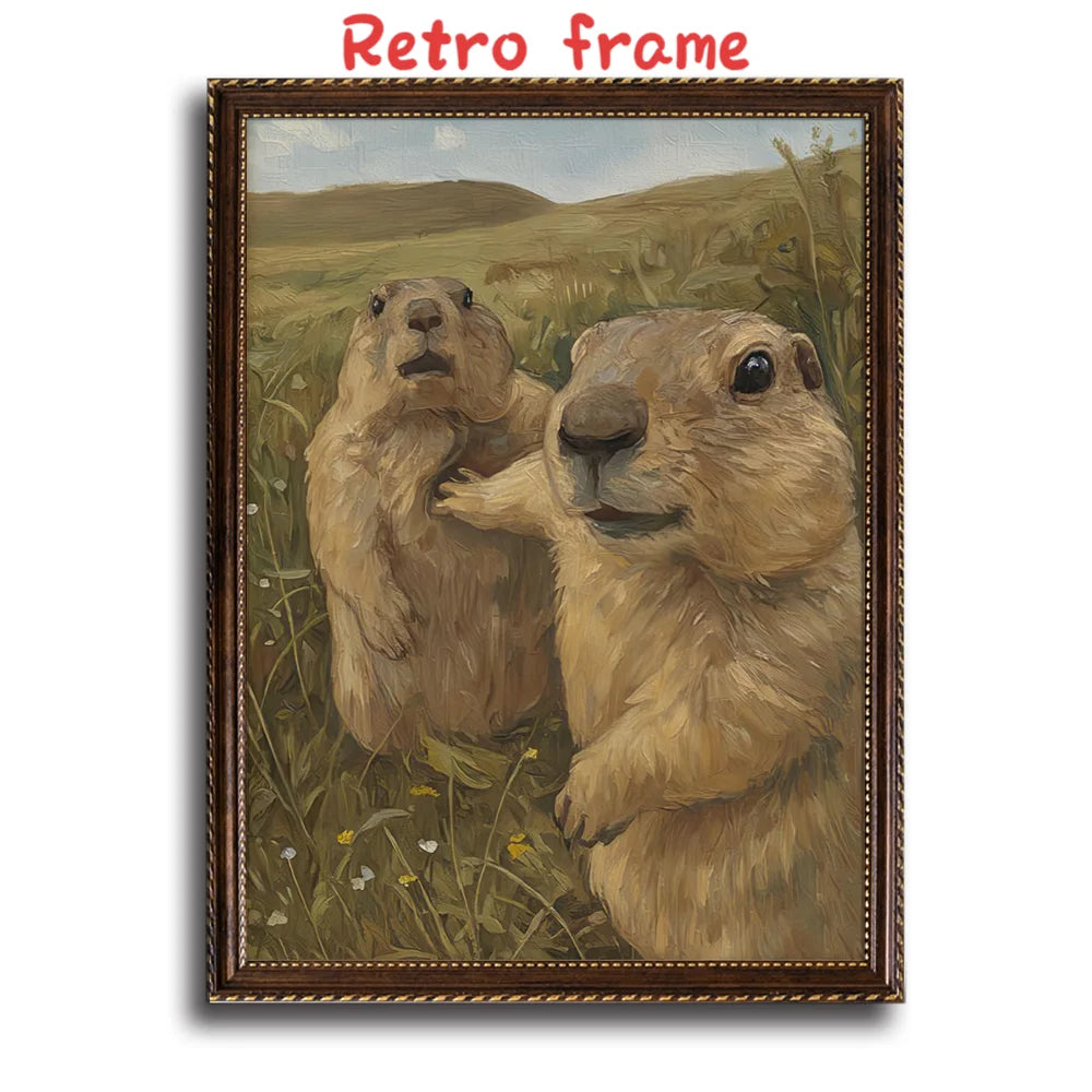 tableau illustration marmottes paysage champêtre moderne toile encadrement doré