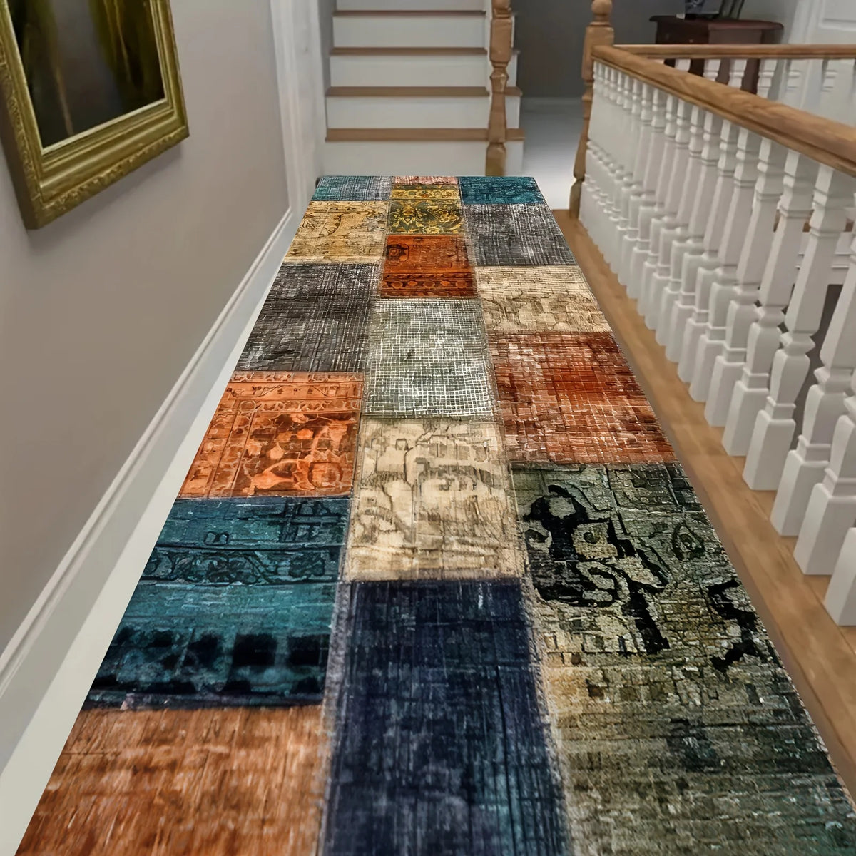 tapis moderne patchwork imprimé bleu vert orange gris polyester résistant intérieur salon chambre