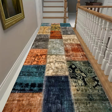 tapis moderne patchwork imprimé bleu vert orange gris polyester résistant intérieur salon chambre