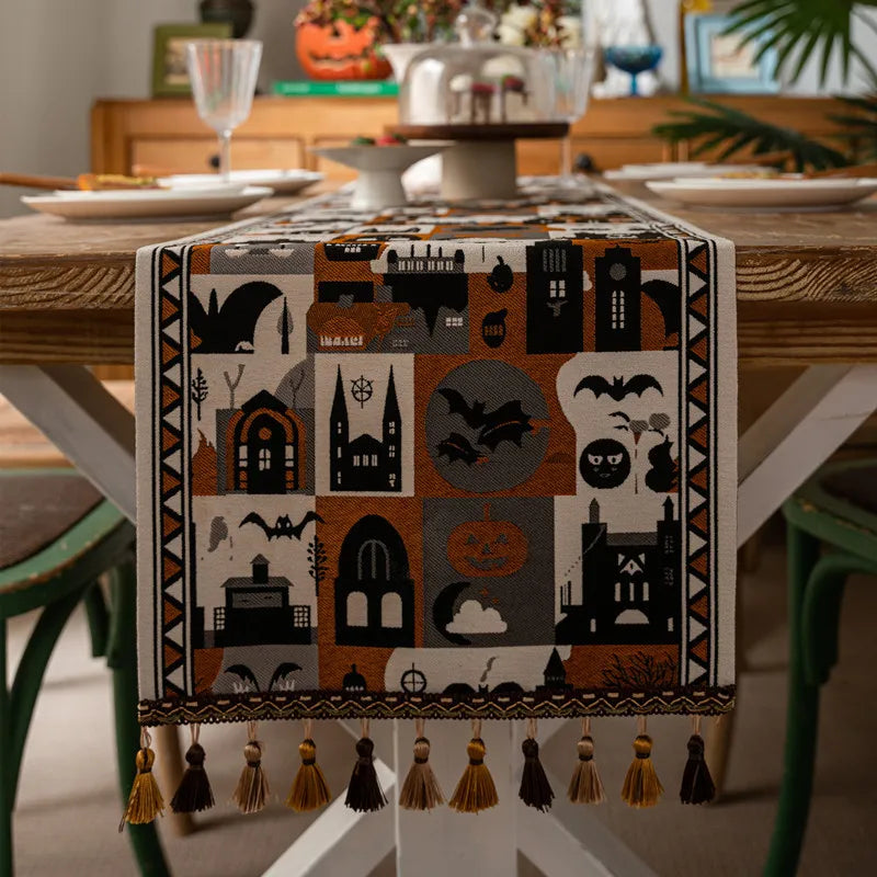 tableau halloween orange noir citrouille chauvesouris tassel decoration festive chambre salle manger