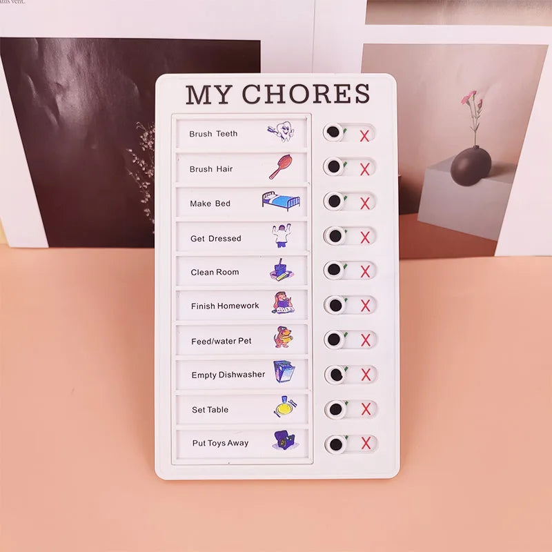 tableau contrôle checklist magnétique blanc icônes colorées minimaliste clips magnétiques tâches quotidienne organisation école