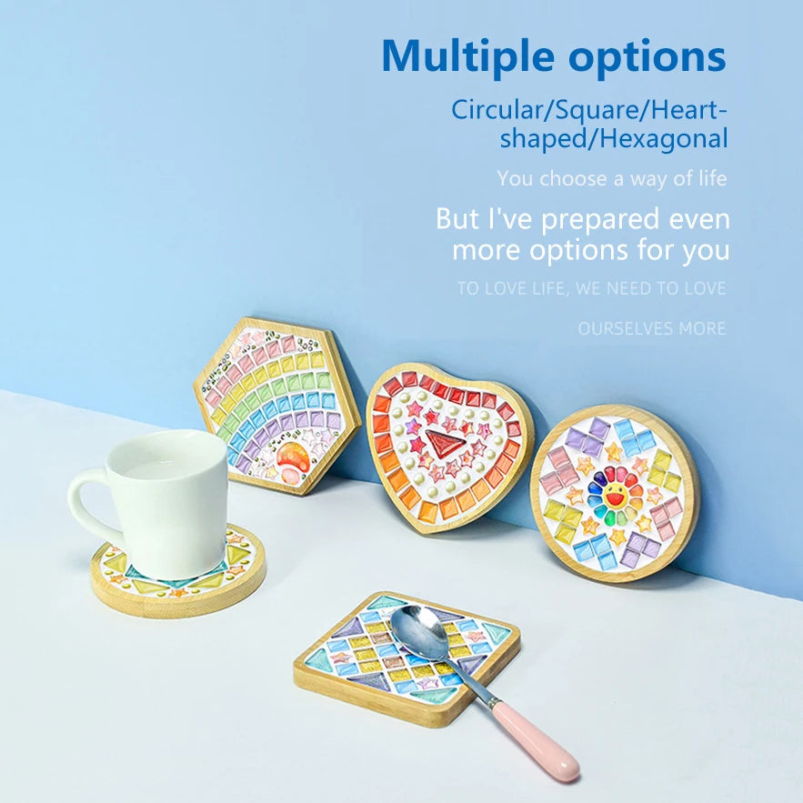coasters mosaïque multicolores créatifs artisanal diy bambou transparents opaques