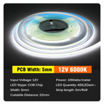 ruban led cob blanc 3mm 5mm 12v 24v lisse moderne connecteurs 5mètres rouleau